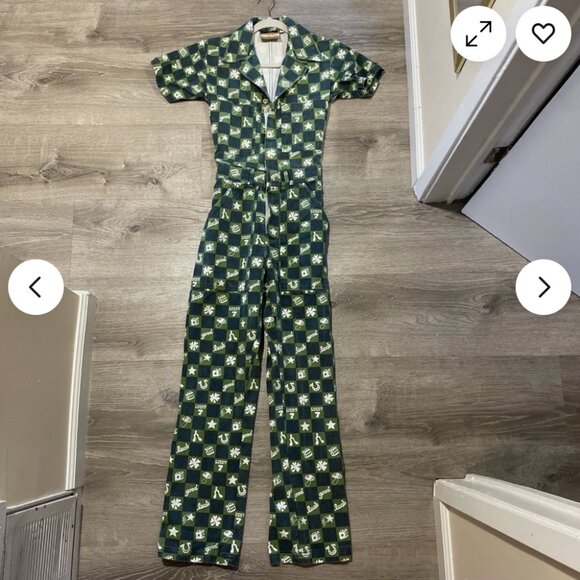 Big Bud Press Women's Jumpsuit size XXS Green Good Luck Shamrock Horseshoe Rare - Picture 4 of 8